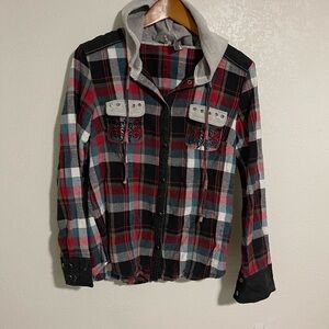 BKE Red and Black Plaid Hooded Shirt